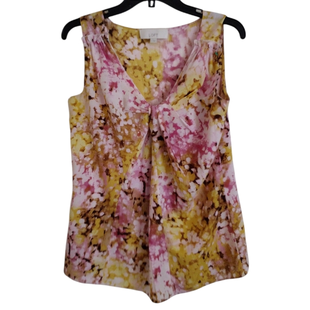 Loft pink yellow sleeveless top with asymmetrical draping bow size small